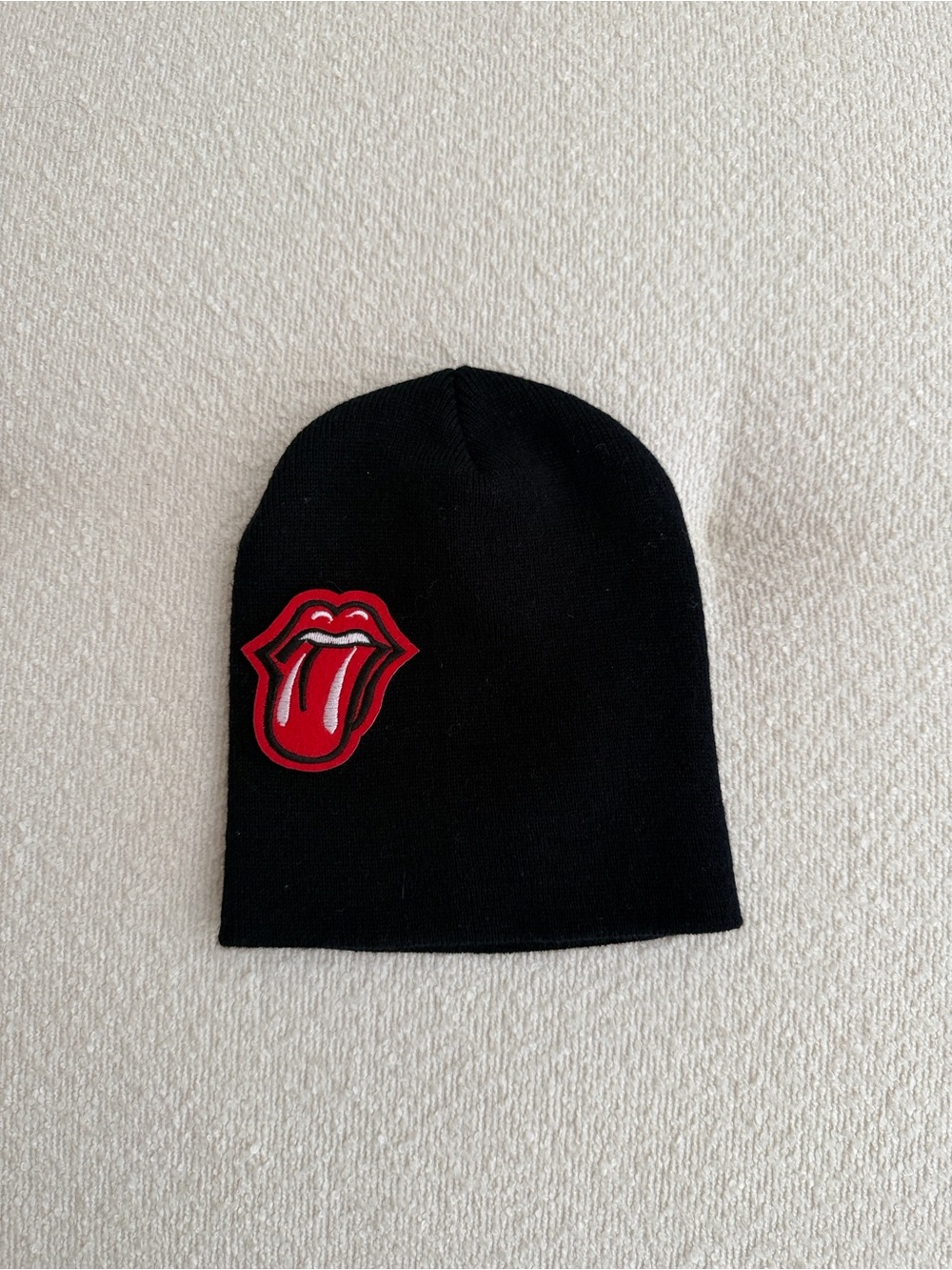 Black Beanie with Fun Flirty Bright Red Tongue Mouth Patch NWOT Unisex